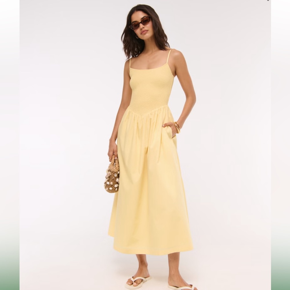 Abercrombie & Fitch Dipped Waist Smocked Midi Dress Yellow